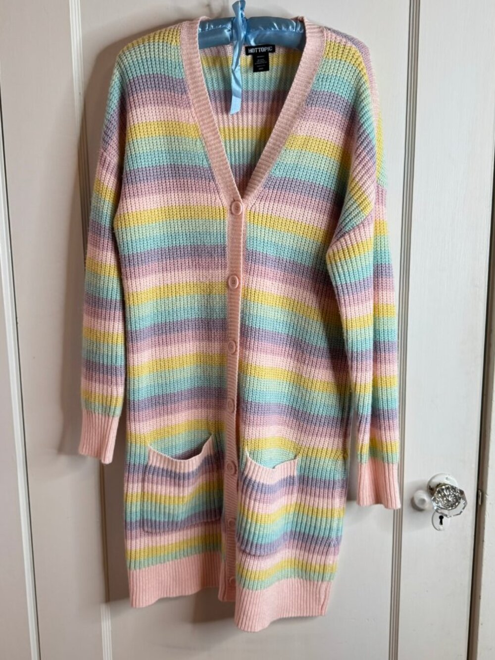 Hot Topic Long Pastel Rainbow Stripe Cardigan Junior sz M